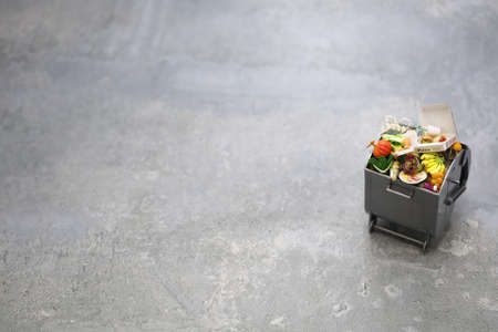 Garbage trash can, Image of food waste made in miniature.
The letters of pizza box are fictitious.の写真素材