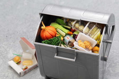 Garbage trash can, Image of food waste made in miniature.
The letters of pizza box are fictitious.の写真素材