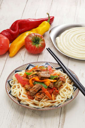 Laghman, hand pulled noodles dish with lamb meat and vegetables, Uyghur cuisineの写真素材