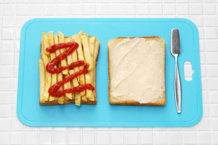 chip butty (french fry sandwich), British foodの写真素材