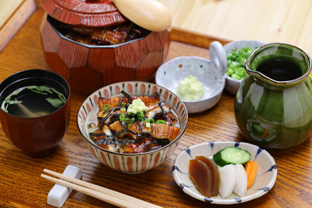 Hitsumabushi is a Japanese Nagoya rice dish decorated with grilled Unagi eel at the top. The eel is served in smaller pieces that allows it to be enjoyed with three ways.の写真素材