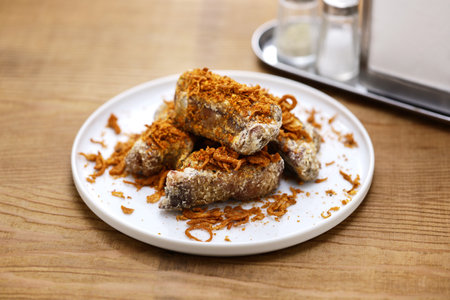 homemade Hunan style spicy pork spare ribs; vacuum cooking pork spare ribs in low temperature and then deep fried, finally sprinkle Hunan-style spices and serving.の写真素材