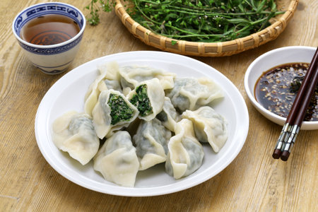 homemade Shepherd's purse and pork dumplings, Chinese foodの写真素材