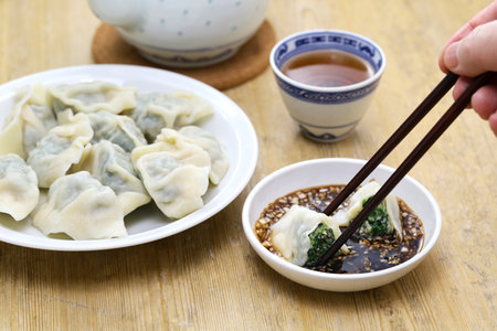 homemade Shepherd's purse and pork dumplings, Chinese foodの写真素材