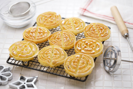 rosette cookies( circle ) on a cake cooling rackの写真素材