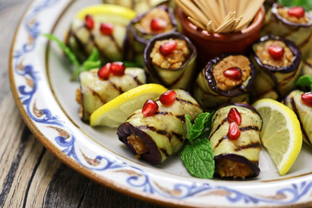 Georgian eggplant rolls with walnut paste filling, badrijani nigvzitの写真素材