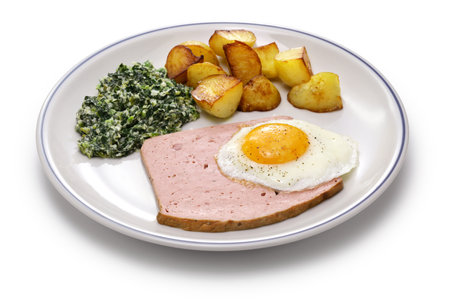 LeberkÃ¤se with spinach, potatoes and fried egg, Austria and southern German dishの写真素材