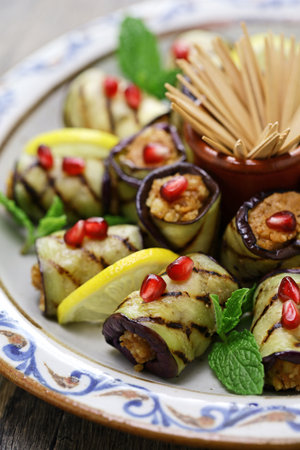 Georgian eggplant rolls with walnut paste filling, badrijani nigvzitの写真素材