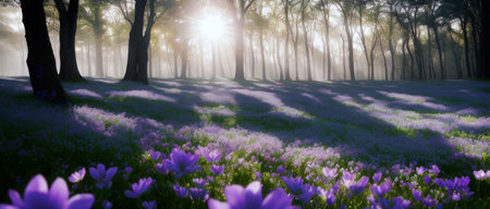 generative AI illustration. a forest landscape for web design, sunlight filtering through trees, purple flowers blooming on the ground, untouched natureの素材