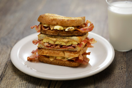 Toast with peanut butter, banana, and bacon. The Elvis sandwichの写真素材