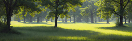 Broad leaved forest panoramic view. generative AI illustration.の素材
