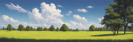 Pastoral scenery, grassland, panoramic view.  generative AI illustration.の素材