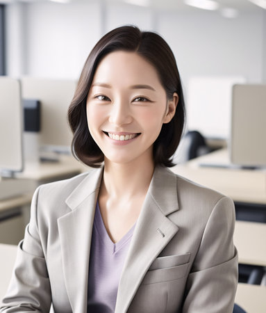 Portrait of a smiling Asian 30s female office worker at work. Generative AI.の素材