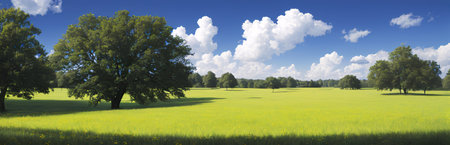 Pastoral scenery, grassland, big tree, shade, panoramic view.  generative AI illustration.の素材