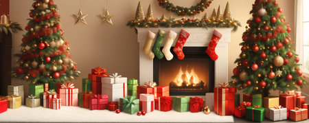Christmas tree and presents in the room with fireplace. generative AI illustration.の素材