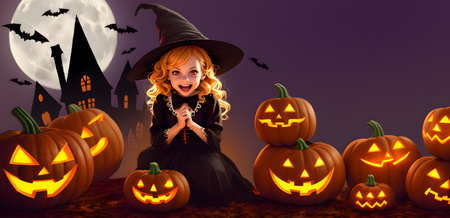 a Halloween girl dresses up as a witch and trick or treat.  generative AI illustration.の素材