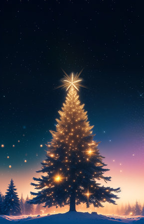 snow landscape, natural Christmas tree outdoors, and starry sky. generative AI illustration.の素材