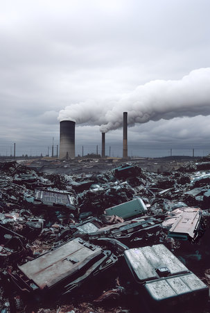 A pile of discarded EV batteries in landfill, near-future prediction.  Generative AI.の素材