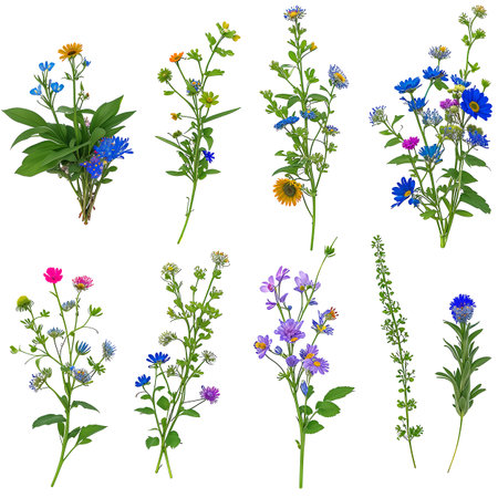 botanical picture book style wildflower set. Generative AI.の素材