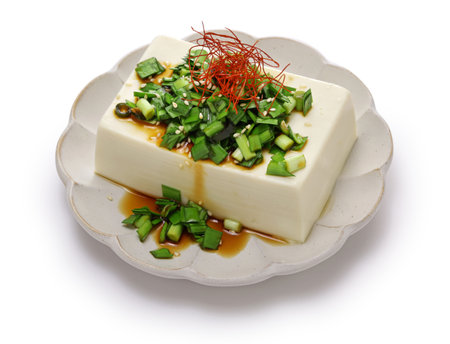 chilled tofu topped with garlic chive soy sauce, Japanese foodの写真素材