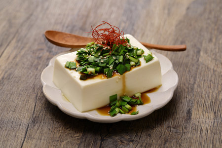 chilled tofu topped with garlic chive soy sauce, Japanese foodの写真素材