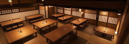 Izakaya, which is common in Japan, is a reasonable restaurant where you can enjoy alcoholic drinks and food. This is an example of an izakaya interior. generative AI illustration.の素材