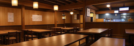 Izakaya, which is common in Japan, is a reasonable restaurant where you can enjoy alcoholic drinks and food. This is an example of an izakaya interior. generative AI illustration.の素材
