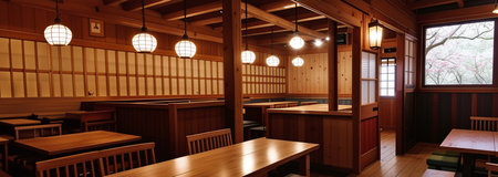 Izakaya, which is common in Japan, is a reasonable restaurant where you can enjoy alcoholic drinks and food. This is an example of an izakaya interior. generative AI illustration.の素材