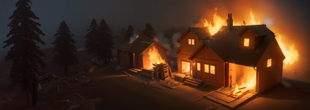 house on fire, wildfire, natural disaster. Generative AI.の素材