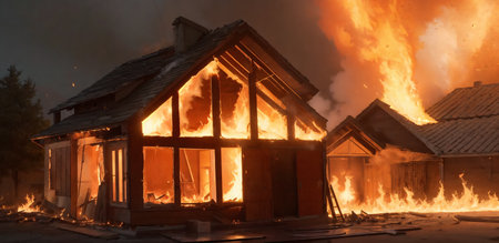 burning wooden house. the necessity of fire insurance. Generative AI.の素材