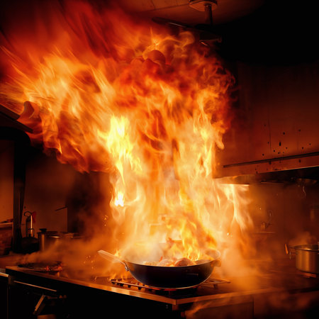 A fire broke out because a pot on fire was left unattended. Generative AI.の素材