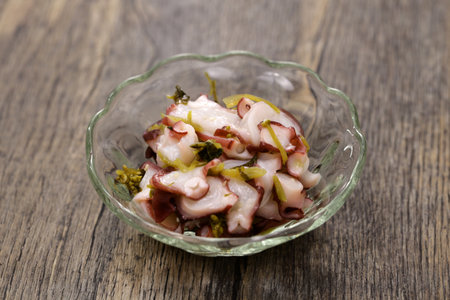 homemade Tacowasa (marinated octopus and wasabi leaves and stems), Japanese popular foodの写真素材