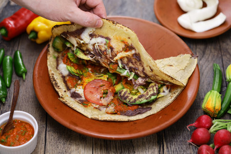homemade vegetable tlayuda folded in half, Mexican pizzaの写真素材