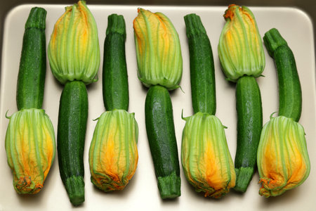 zucchini flowers in a trayの写真素材