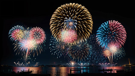 Incredibly beautiful fireworks over water against the sky at night. Generative AI.の素材