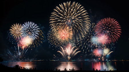 Incredibly beautiful fireworks over water against the sky at night. Generative AI.の素材