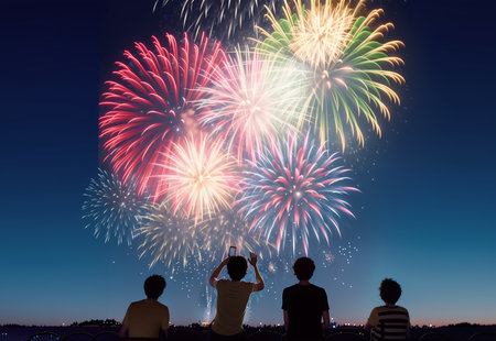 Four boys watching fireworks. Memories of this summer. Generative AIの素材