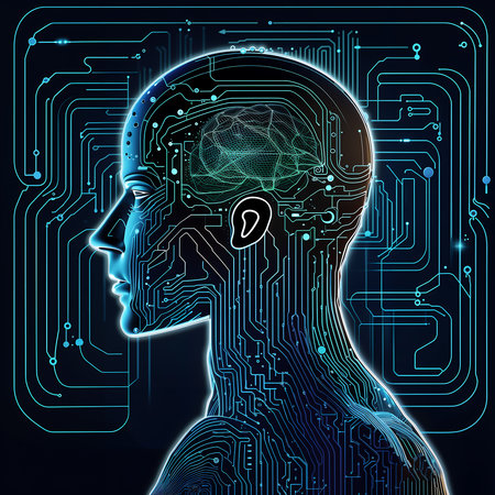 An illustration image of artificial intelligence with the motif of a cyborg's head, upper body, and circuit board. Generative AIの素材