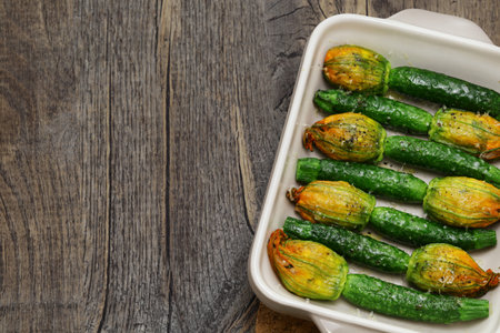 Oven baked stuffed zucchini flowers, Italian cuisineの写真素材