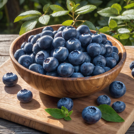 A heaping pile of blueberries in a pottery bowl. Generative AI.の素材