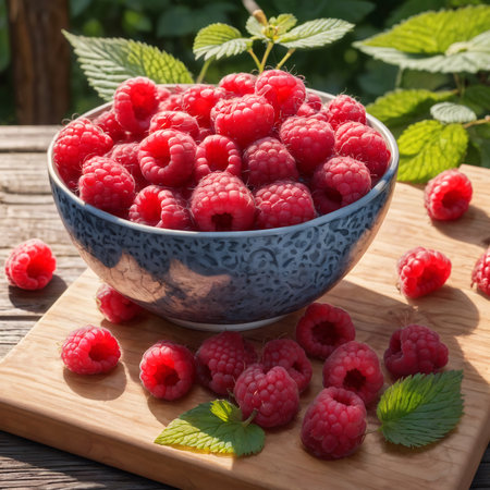 A heaping pile of raspberries in a pottery bowl. Generative AI.の素材