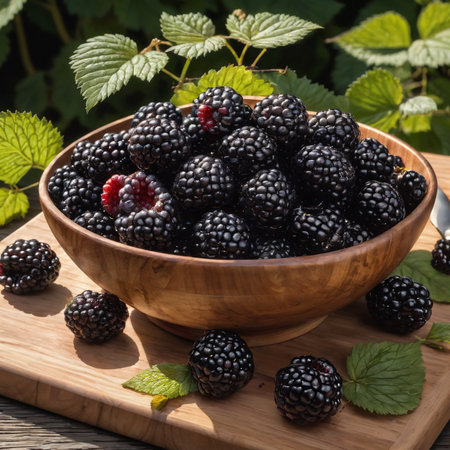 A heaping pile of blackberries in a wooden bowl. Generative AI.の素材