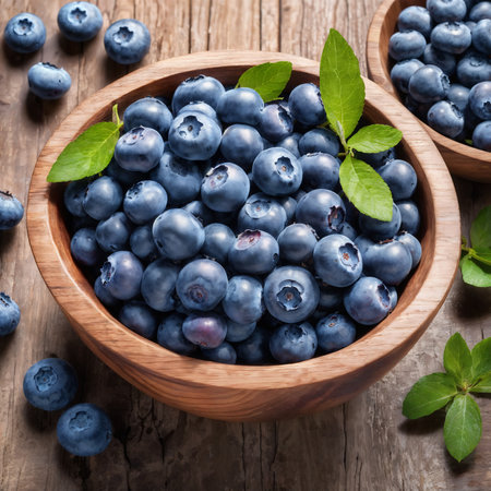 A heaping pile of blueberries in a pottery bowl. Generative AI.の素材