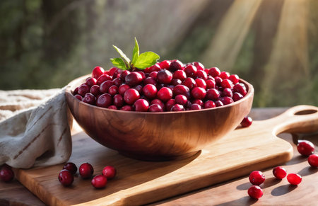 A heaping pile of cranberries in a wooden bowl. Generative AI.の素材