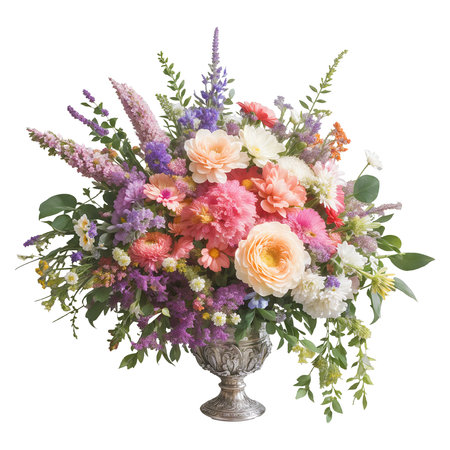 gorgeous beautiful flower arrangement in a vintage silver vase. Generative AI.の素材