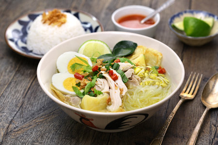 Soto Ayam, an Indonesian chicken noodle soupの写真素材