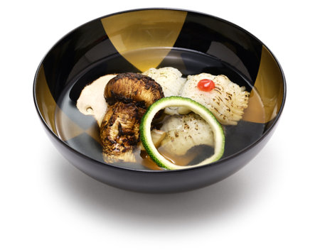 Suimono (Japanese style clear soup) with Matsutake mushroom and Hamo( pike conger eel).の写真素材