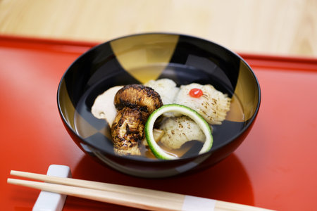Suimono (Japanese style clear soup) with Matsutake mushroom and Hamo( pike conger eel).の写真素材