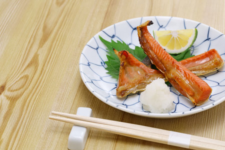 grilled salmon belly, Japanese cuisine, copy spaceの写真素材
