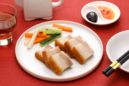 Homemade crispy roast pork belly with skin, Chinese Cantonese cuisineの写真素材